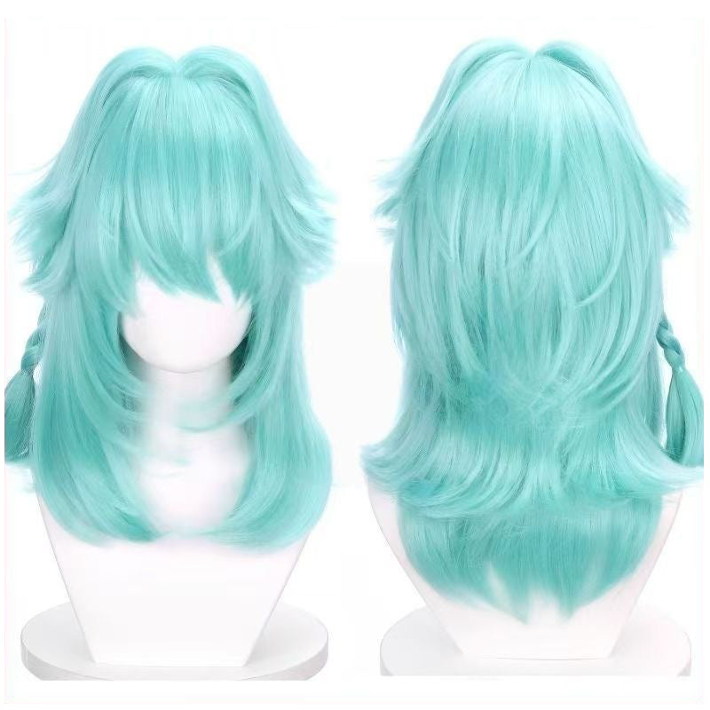 Anime Inspired Mint Green Medium Short Cosplay Wig Layered Fluffy Style with Bangs Heat Resistant Synthetic Hair for Women Girls