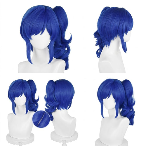 Anime Inspired Blue Medium Length Cosplay Wig Soft Curly Ends with Bangs Cute Natural Style Heat Resistant Synthetic Hair for Women Girls
