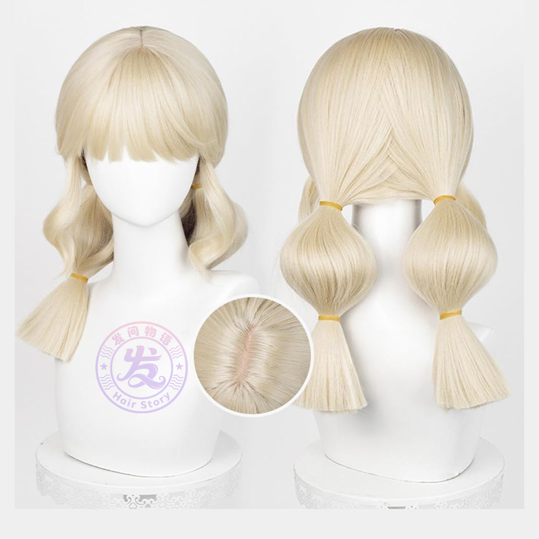 Anime Inspired Medium Length Blonde Cosplay Wig Straight Layered Style with Bangs Cute Natural Heat Resistant Synthetic Hair for Women Girls