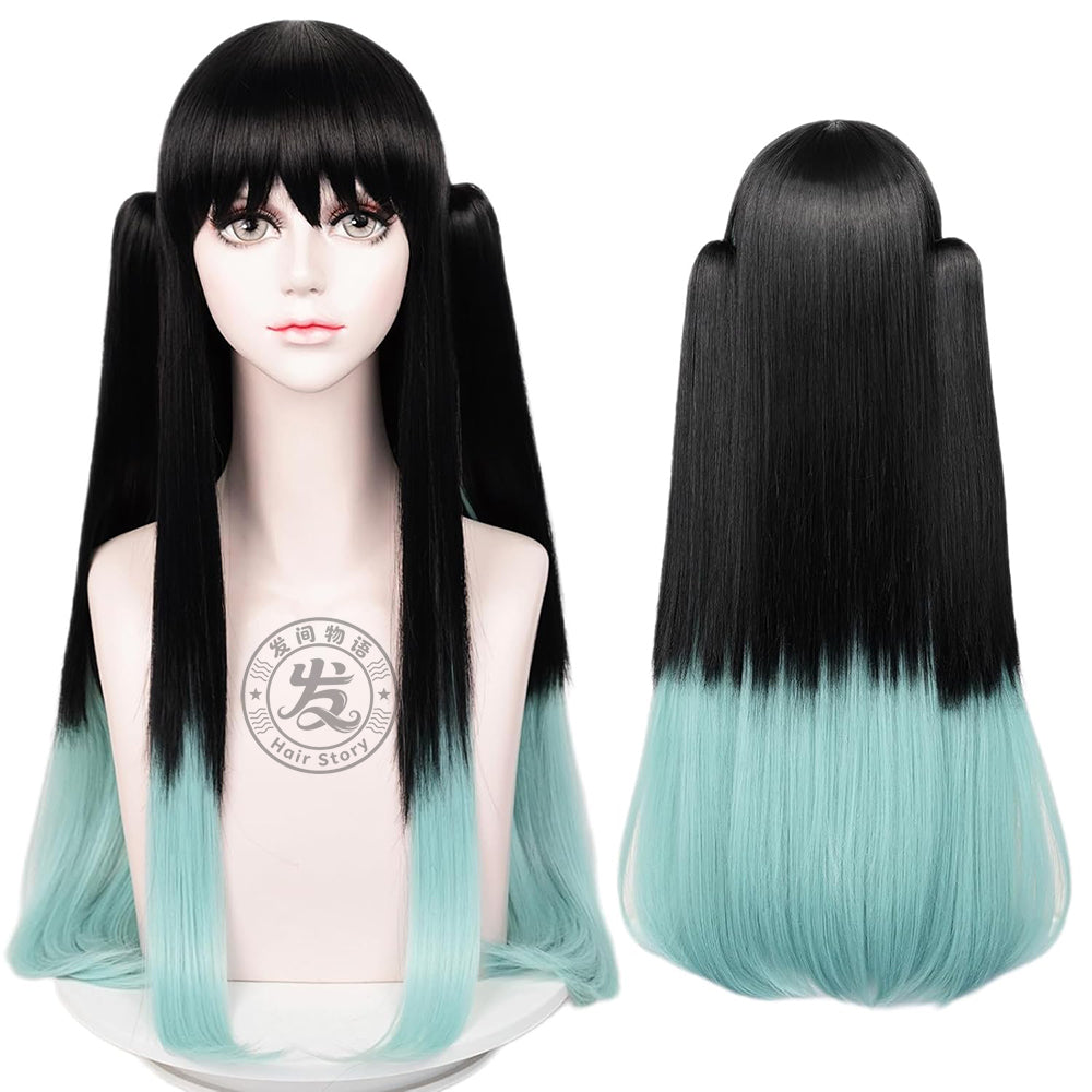 Anime Inspired Long Black Blue Gradient Cosplay Wig Straight Layered Natural Style Heat Resistant Synthetic Hair for Costume Party