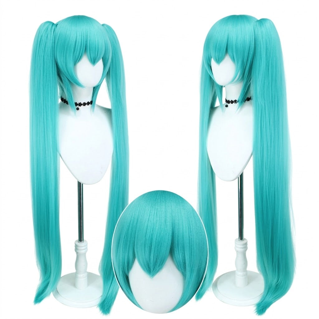 Anime Inspired Long Cyan Twin Tail Cosplay Wig Straight Style Heat Resistant Synthetic Hair with Bangs for Costume Party