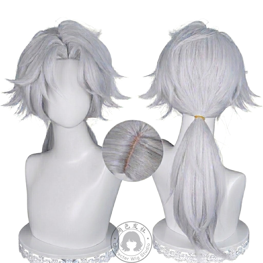 Anime Inspired Short Silver White Cosplay Wig Textured Wavy Style with Bangs Heat Resistant Synthetic Hair for Costume Party