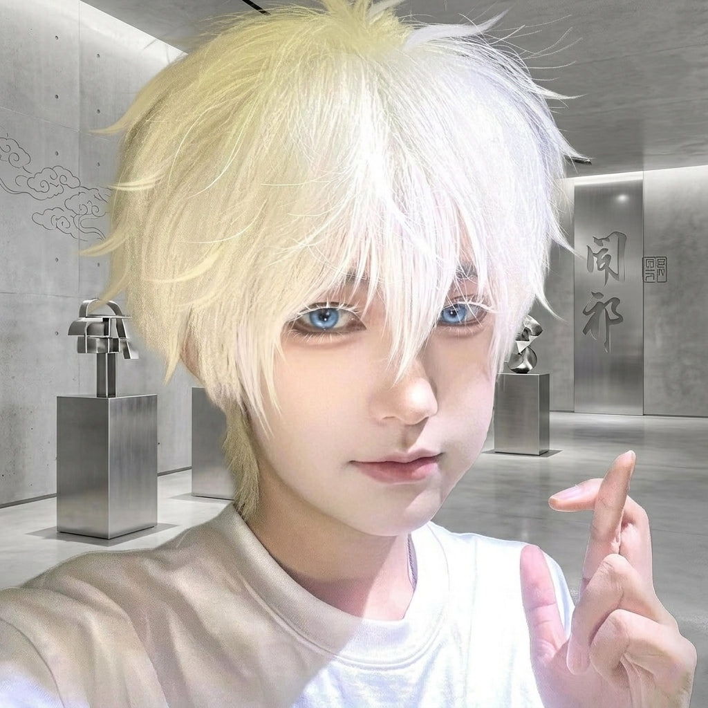 Anime Inspired White Short Spiky Cosplay Wig Natural Layered Style Heat Resistant Synthetic Hair for Costume Party