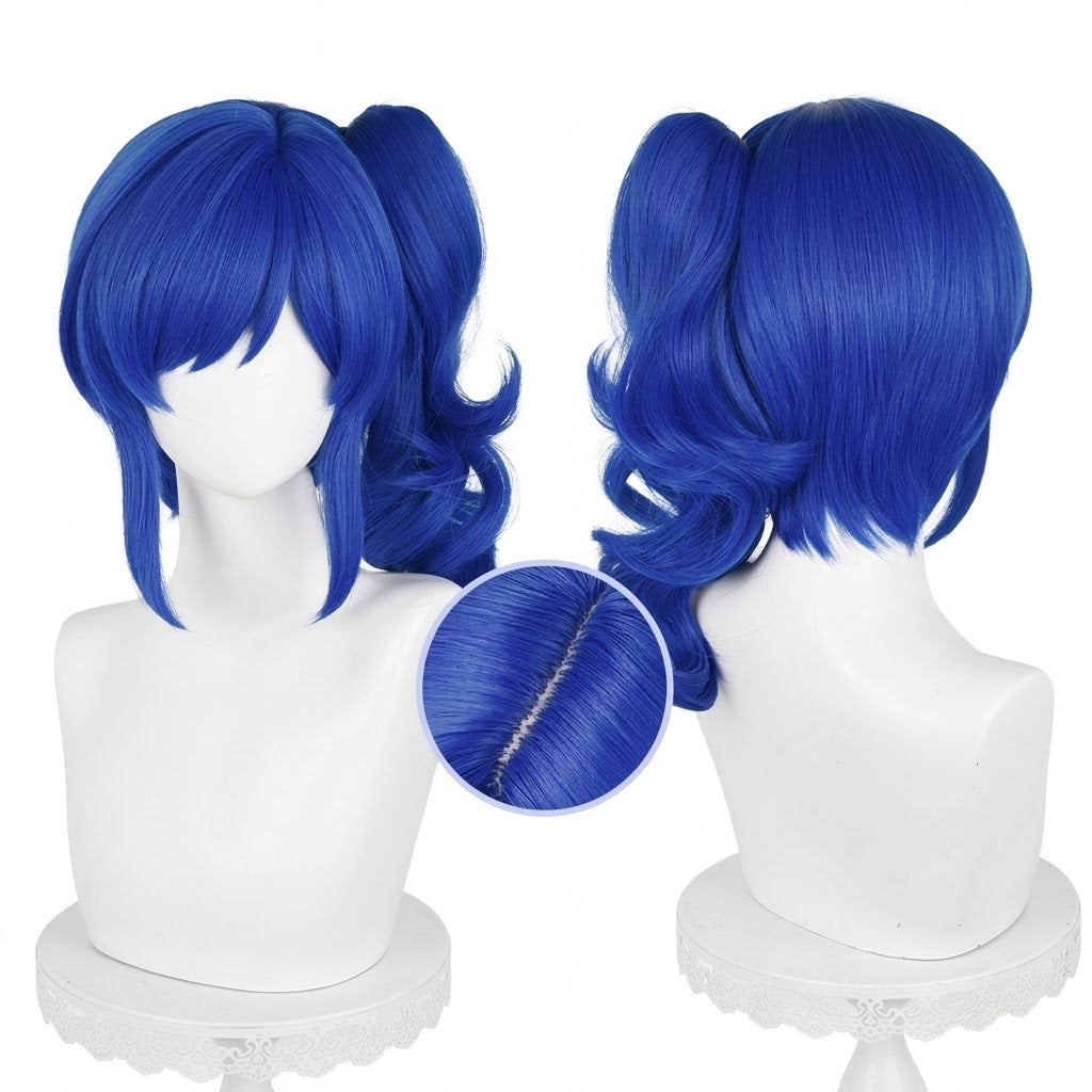 Anime Inspired Blue Medium Length Cosplay Wig Soft Curly Ends with Bangs Cute Natural Style Heat Resistant Synthetic Hair for Women Girls