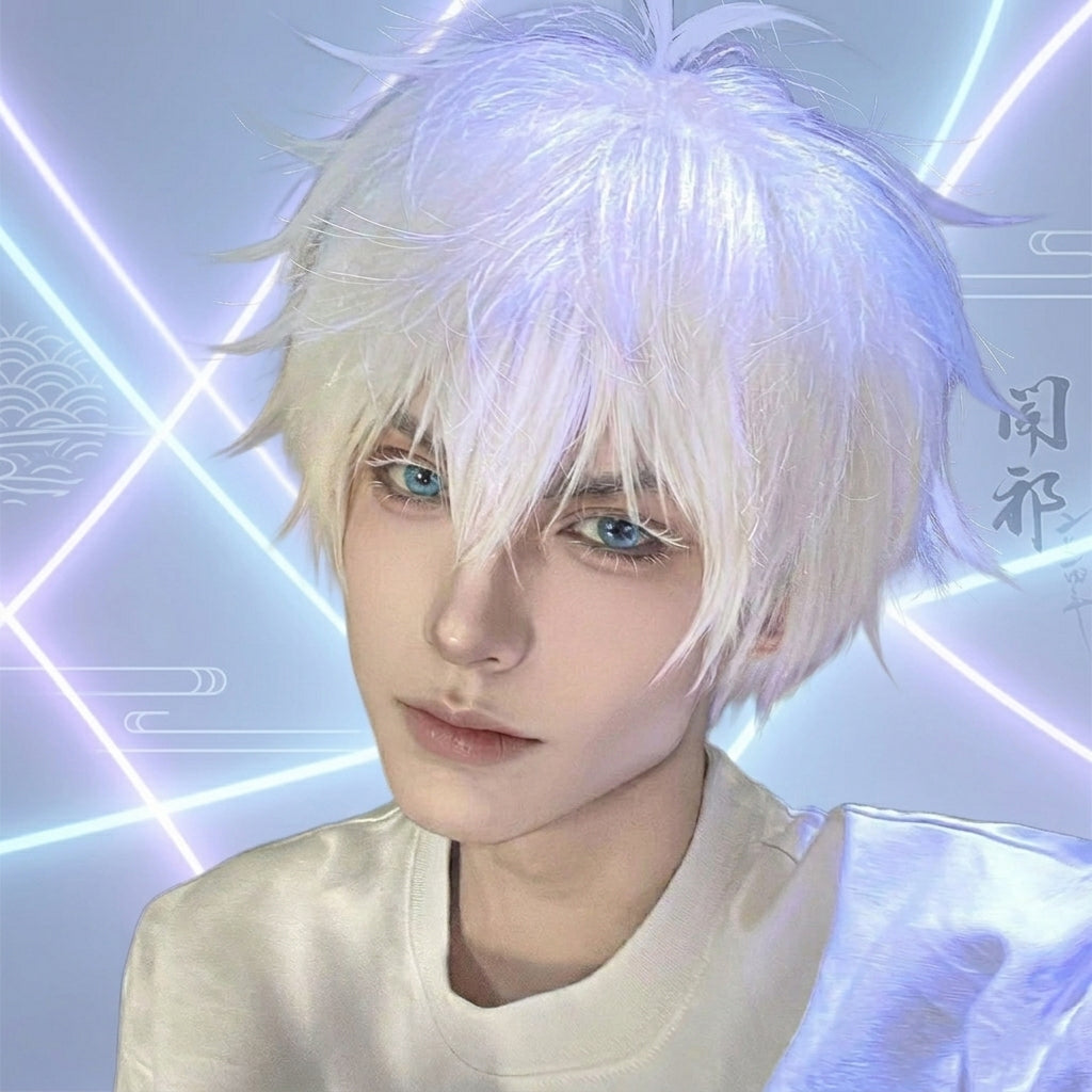 Anime Inspired White Short Spiky Cosplay Wig Natural Layered Style Heat Resistant Synthetic Hair for Costume Party