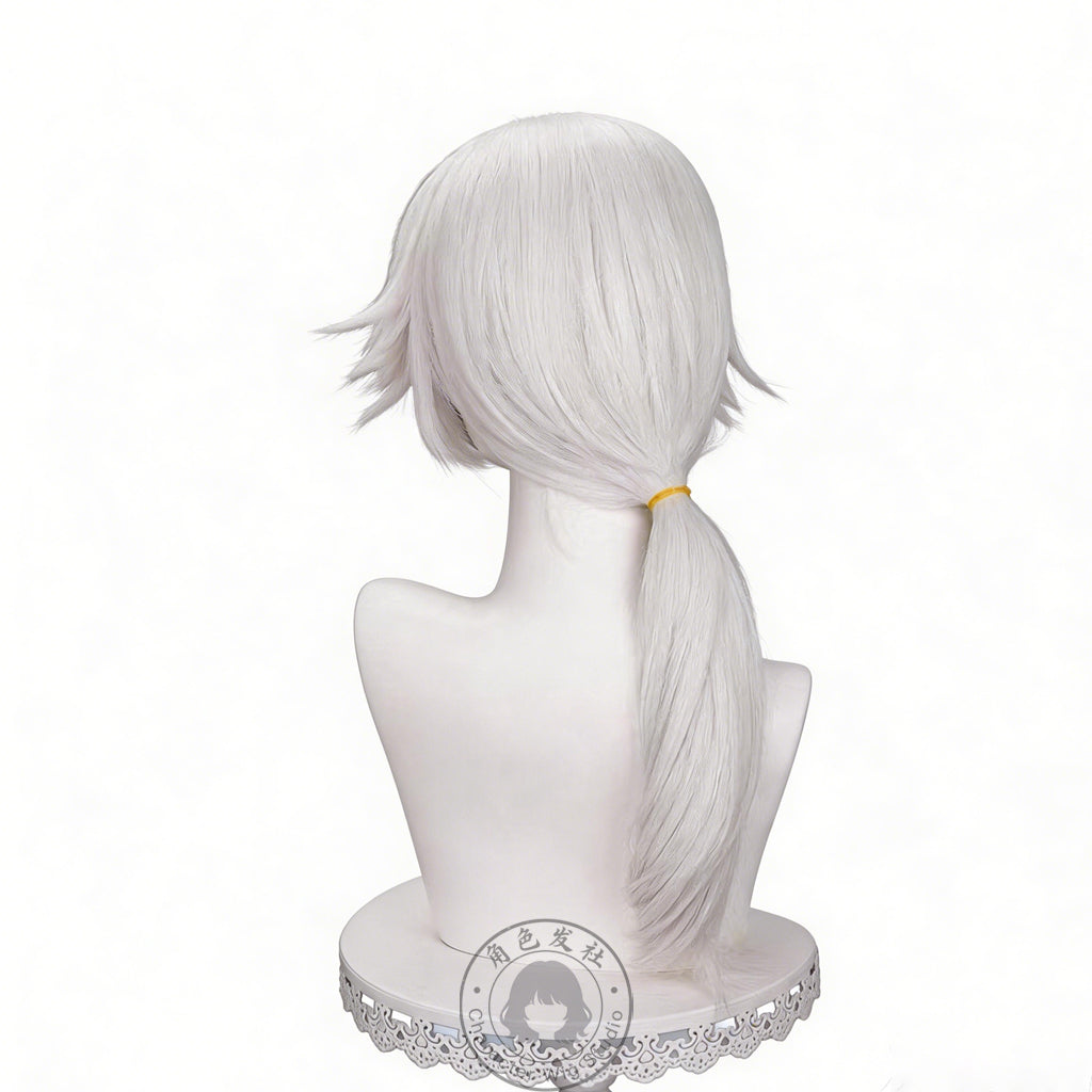 Anime Inspired Short Silver White Cosplay Wig Textured Wavy Style with Bangs Heat Resistant Synthetic Hair for Costume Party