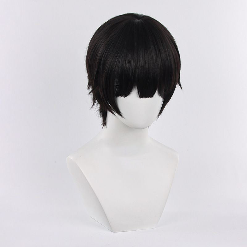 Anime Inspired Dark Brown Short Cosplay Wig Neat Straight Cut with Bangs Natural Style Heat Resistant Synthetic Hair for Costume Party