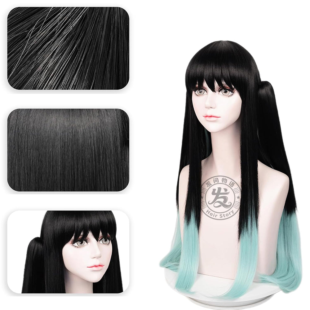 Anime Inspired Long Black Blue Gradient Cosplay Wig Straight Layered Natural Style Heat Resistant Synthetic Hair for Costume Party