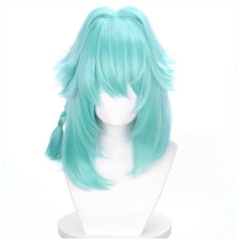 Anime Inspired Mint Green Medium Short Cosplay Wig Layered Fluffy Style with Bangs Heat Resistant Synthetic Hair for Women Girls