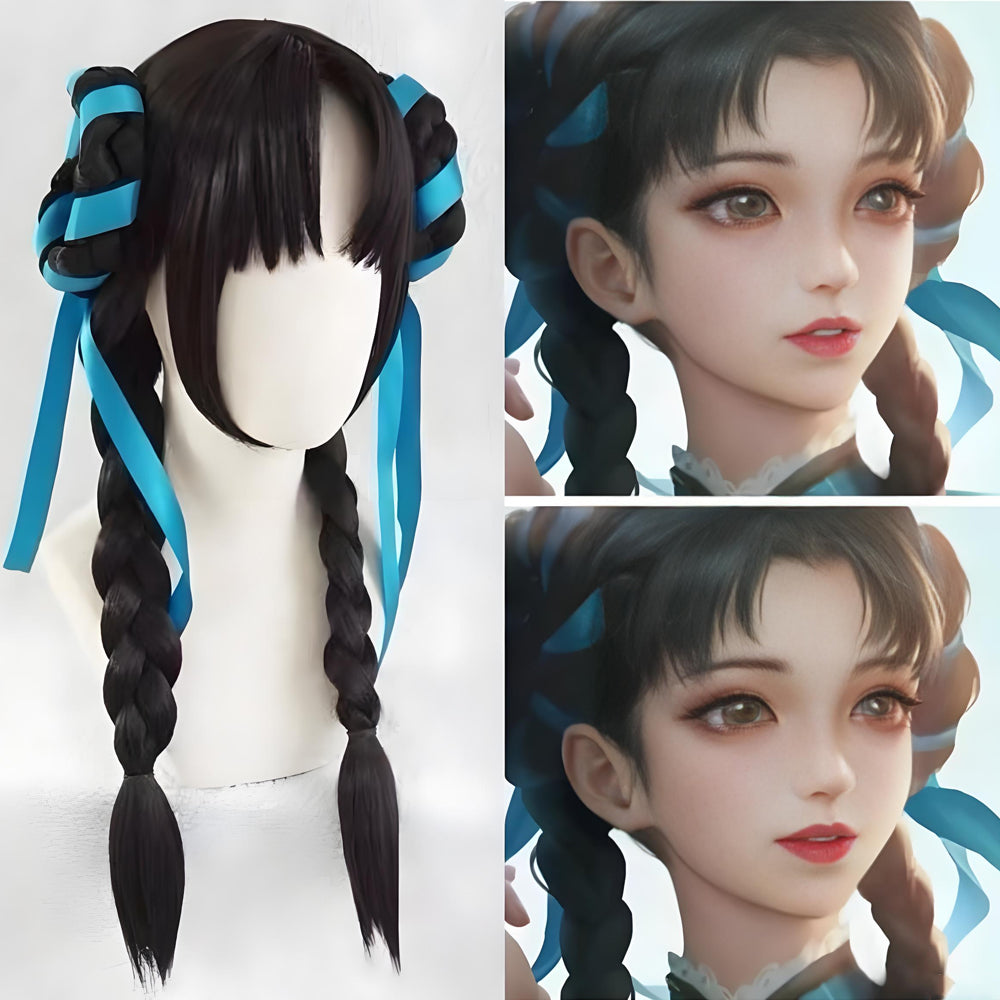 Oriental Style Long Black Cosplay Wig Braided Design with Bangs Elegant Ancient Costume Heat Resistant Synthetic Hair for Women