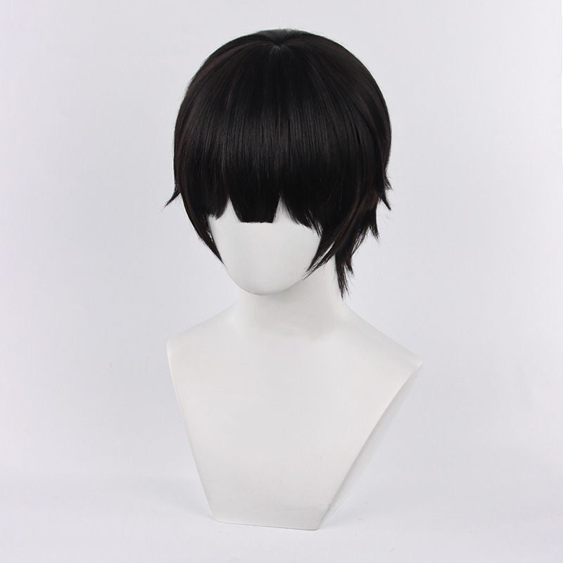 Anime Inspired Dark Brown Short Cosplay Wig Neat Straight Cut with Bangs Natural Style Heat Resistant Synthetic Hair for Costume Party