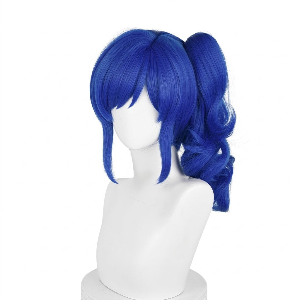Anime Inspired Blue Medium Length Cosplay Wig Soft Curly Ends with Bangs Cute Natural Style Heat Resistant Synthetic Hair for Women Girls