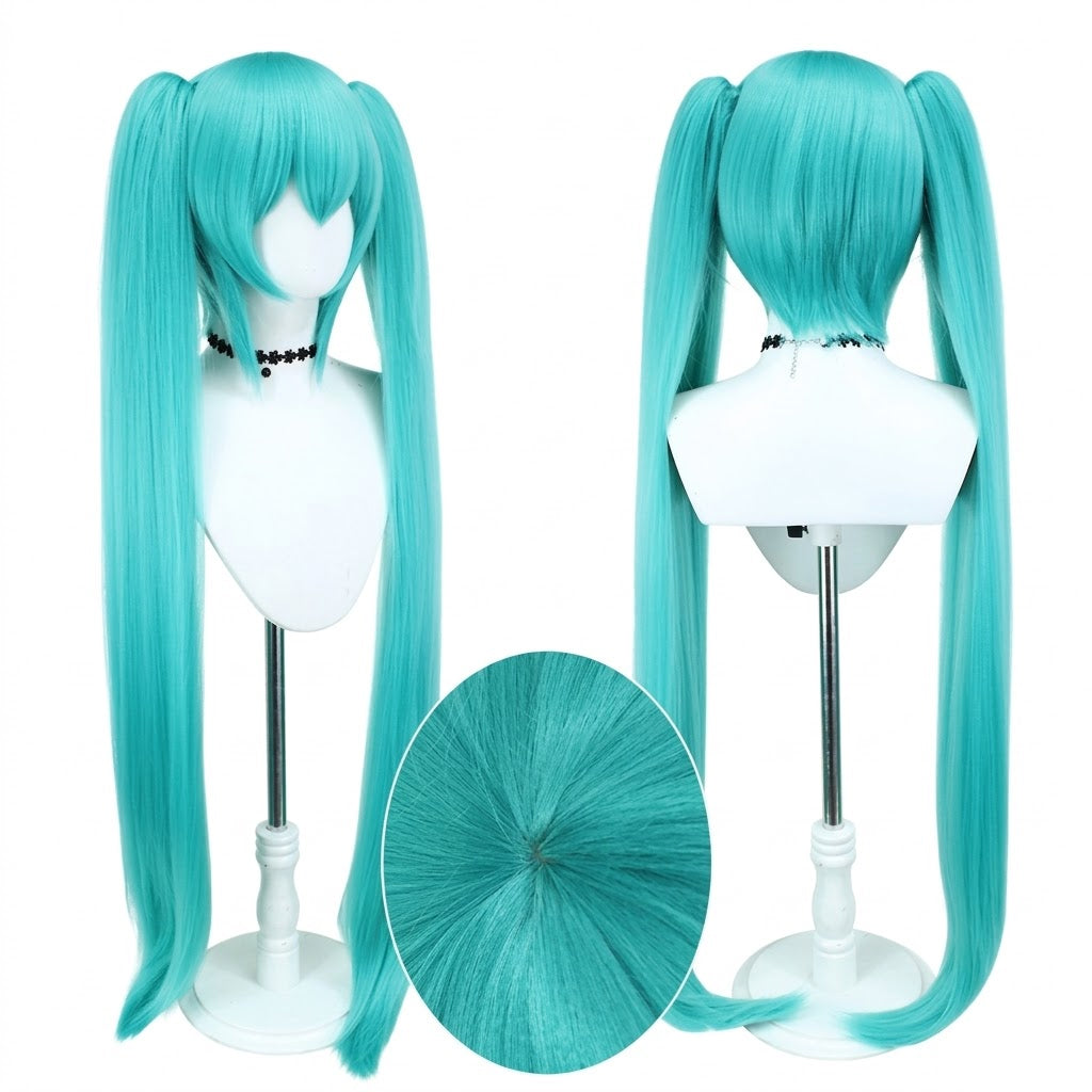 Anime Inspired Long Cyan Twin Tail Cosplay Wig Straight Style Heat Resistant Synthetic Hair with Bangs for Costume Party