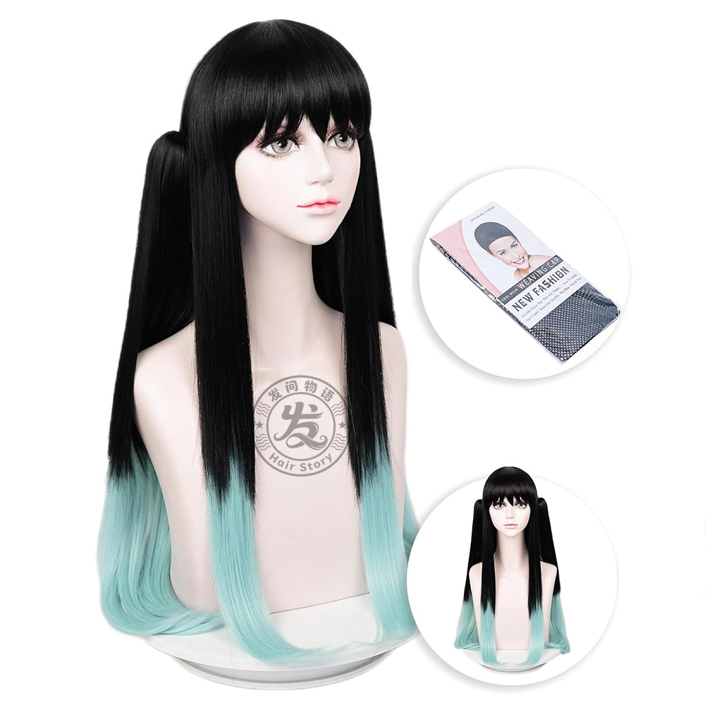 Anime Inspired Long Black Blue Gradient Cosplay Wig Straight Layered Natural Style Heat Resistant Synthetic Hair for Costume Party