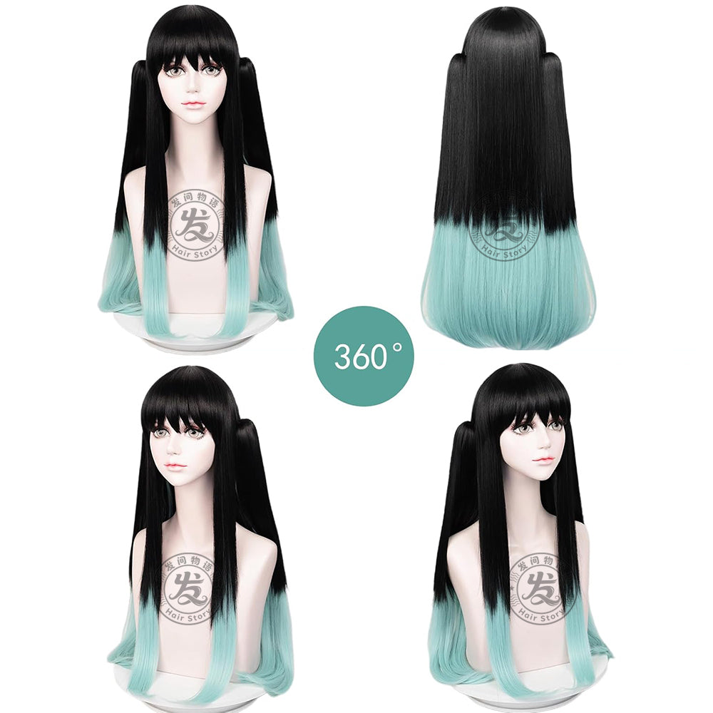 Anime Inspired Long Black Blue Gradient Cosplay Wig Straight Layered Natural Style Heat Resistant Synthetic Hair for Costume Party