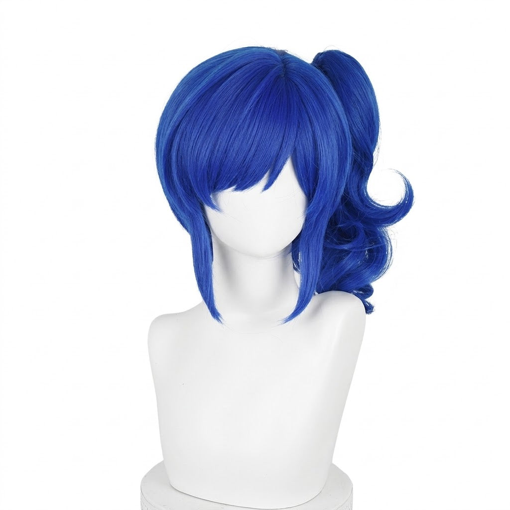 Anime Inspired Blue Medium Length Cosplay Wig Soft Curly Ends with Bangs Cute Natural Style Heat Resistant Synthetic Hair for Women Girls