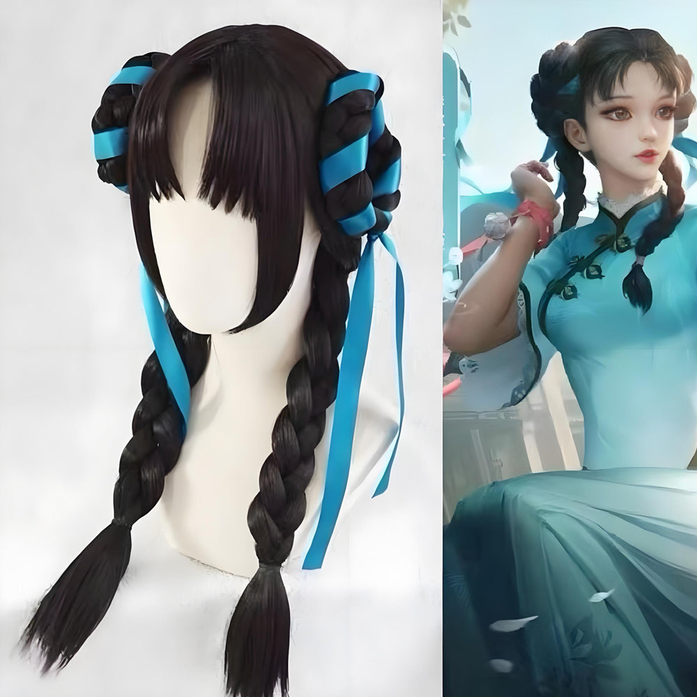 Oriental Style Long Black Cosplay Wig Braided Design with Bangs Elegant Ancient Costume Heat Resistant Synthetic Hair for Women