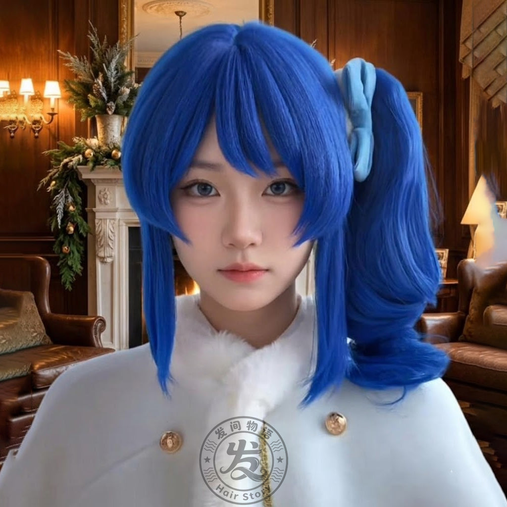 Anime Inspired Blue Medium Length Cosplay Wig Soft Curly Ends with Bangs Cute Natural Style Heat Resistant Synthetic Hair for Women Girls