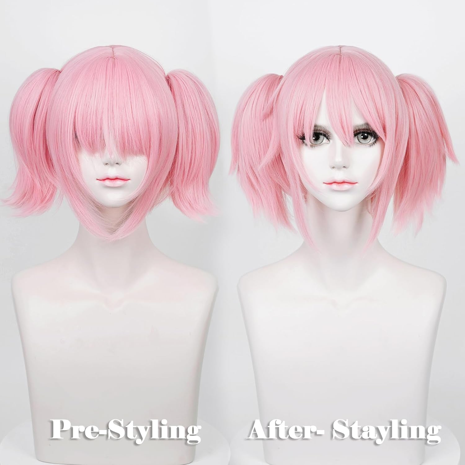Anime Inspired Pink Short Twin Tail Cosplay Wig with Bangs Cute Sweet Style Heat Resistant Synthetic Hair for Costume Party