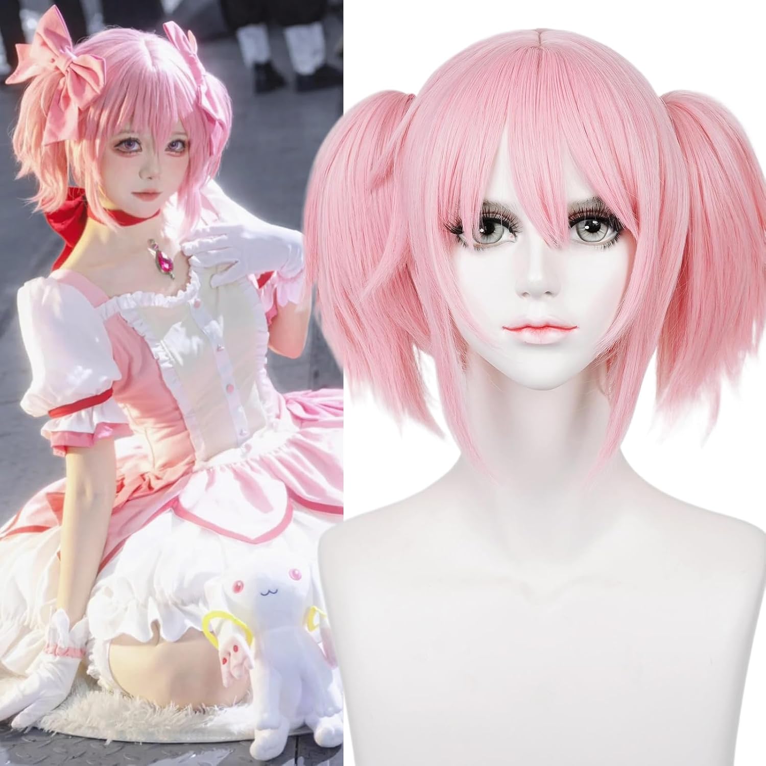 Anime Inspired Pink Short Twin Tail Cosplay Wig with Bangs Cute Sweet Style Heat Resistant Synthetic Hair for Costume Party