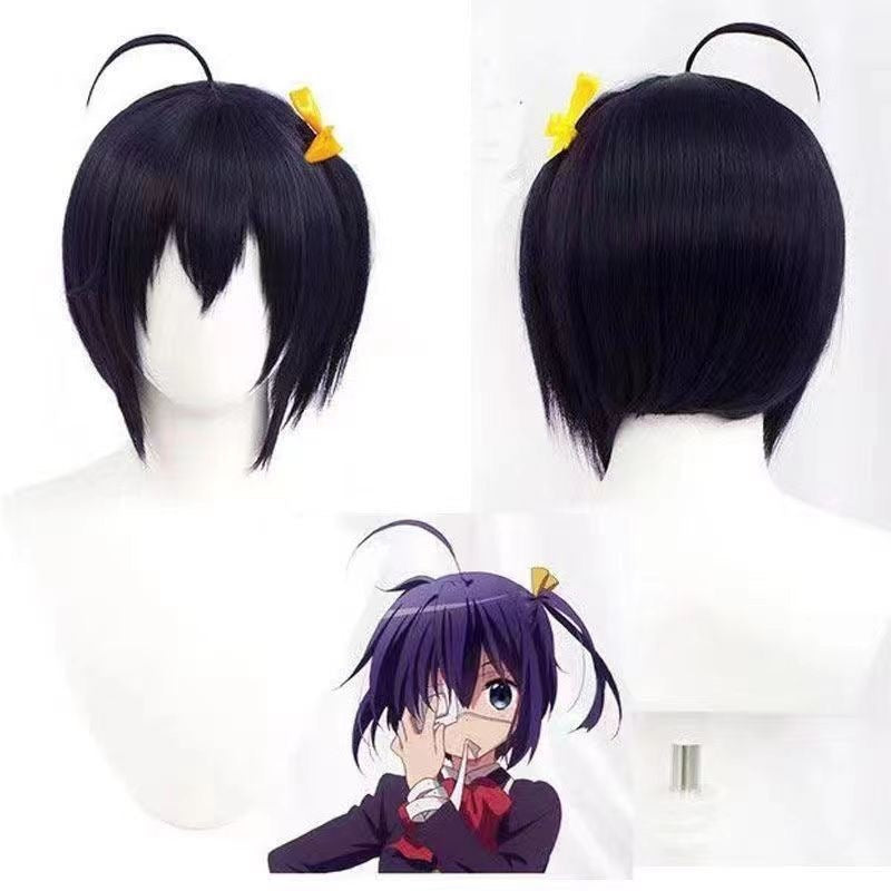 Takanashi Rikka Cosplay Wig – Purple & Black Mix with Ahoge, Comfortable Rose Net Anime Wig