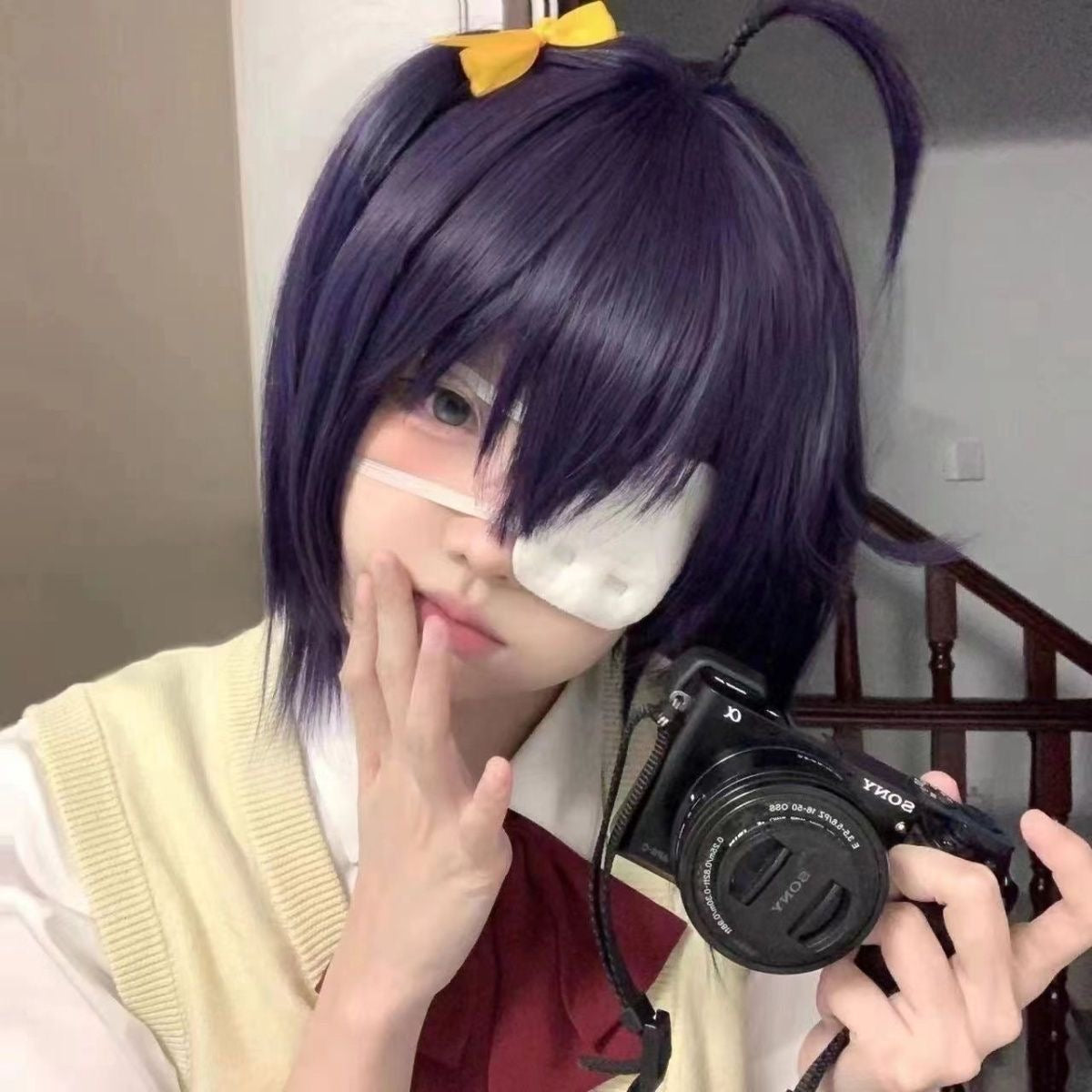 Takanashi Rikka Cosplay Wig – Purple & Black Mix with Ahoge, Comfortable Rose Net Anime Wig