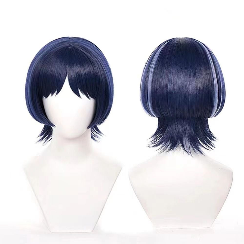 Anime Inspired Short Dark Blue Cosplay Wig Layered Cut Natural Style Heat Resistant Synthetic Hair for Costume Party