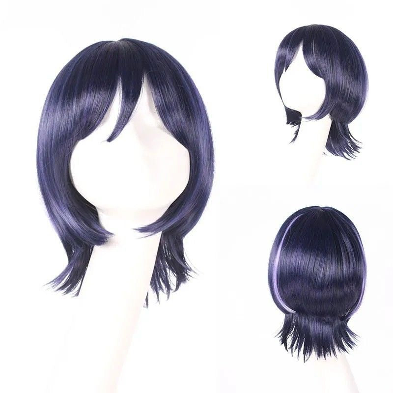 Anime Inspired Short Dark Blue Cosplay Wig Layered Cut Natural Style Heat Resistant Synthetic Hair for Costume Party