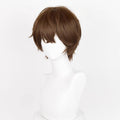 Anime Inspired Short Brown Cosplay Wig Layered Natural Style with Bangs Soft Textured Heat Resistant Synthetic Hair for Men Women