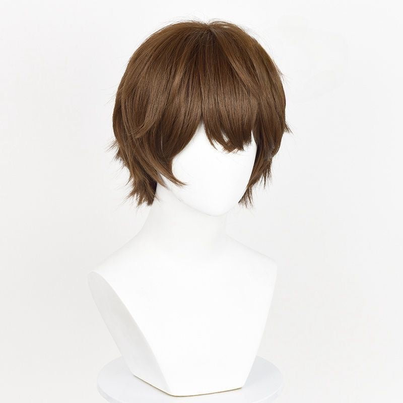 Anime Inspired Short Brown Cosplay Wig Layered Natural Style with Bangs Soft Textured Heat Resistant Synthetic Hair for Men Women