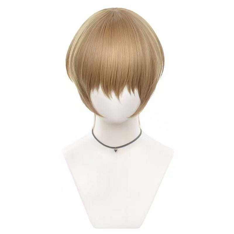 Anime Inspired Light Brown Short Cosplay Wig Straight Layered Cut Natural Style Heat Resistant Synthetic Hair for Costume Party