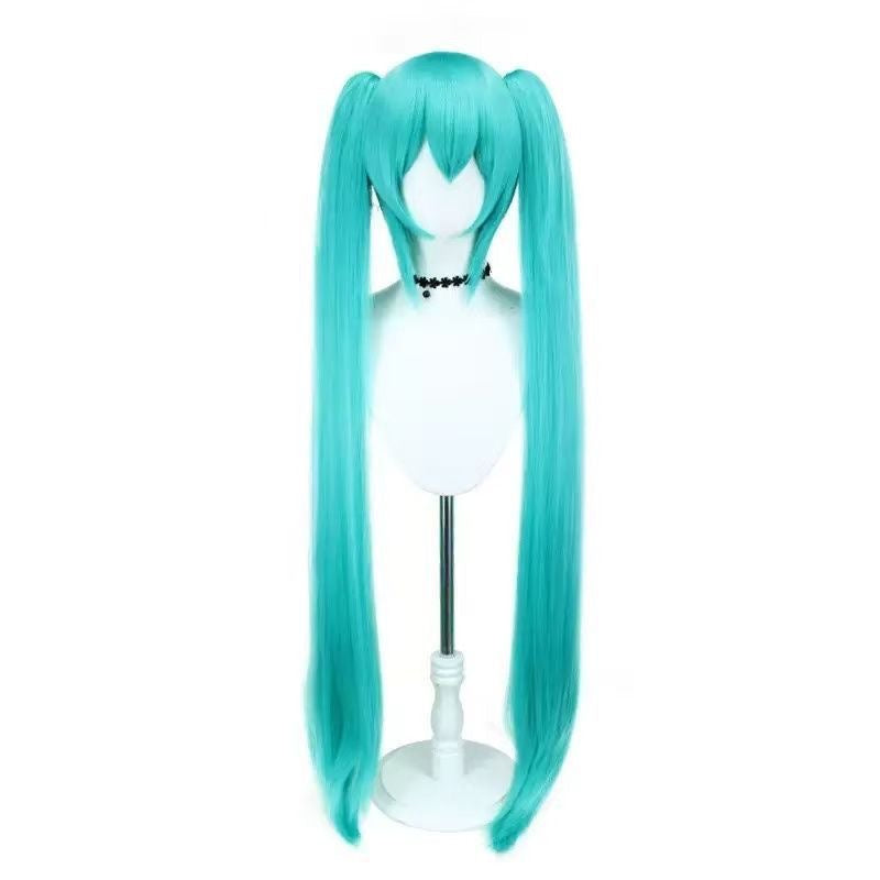 Anime Inspired Long Cyan Twin Tail Cosplay Wig Straight Style Heat Resistant Synthetic Hair with Bangs for Costume Party