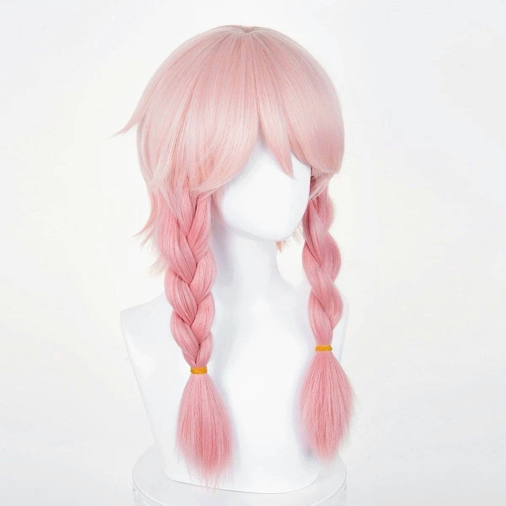 Anime Inspired Pink Braided Twin Tail Cosplay Wig with Bangs Cute Sweet Lolita Style Heat Resistant Synthetic Hair for Women Girls