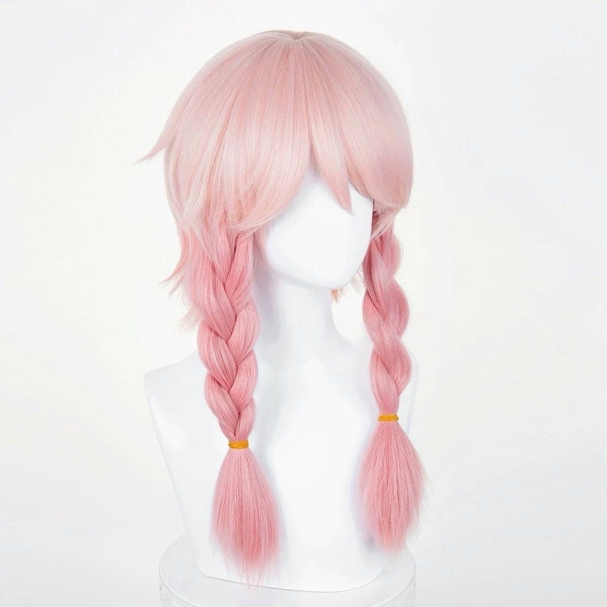 Anime Inspired Pink Braided Twin Tail Cosplay Wig with Bangs Cute Sweet Lolita Style Heat Resistant Synthetic Hair for Women Girls