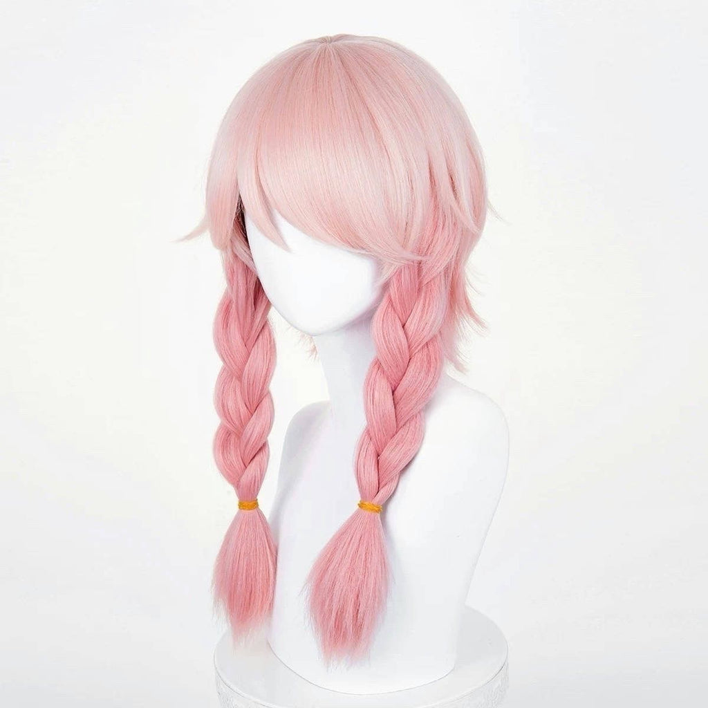 Anime Inspired Pink Braided Twin Tail Cosplay Wig with Bangs Cute Sweet Lolita Style Heat Resistant Synthetic Hair for Women Girls