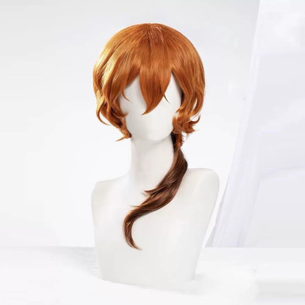 Anime Inspired Orange Brown Cosplay Wig Short Layered Hair with Side Ponytail Natural Bangs Heat Resistant Synthetic Hair for Costume Party