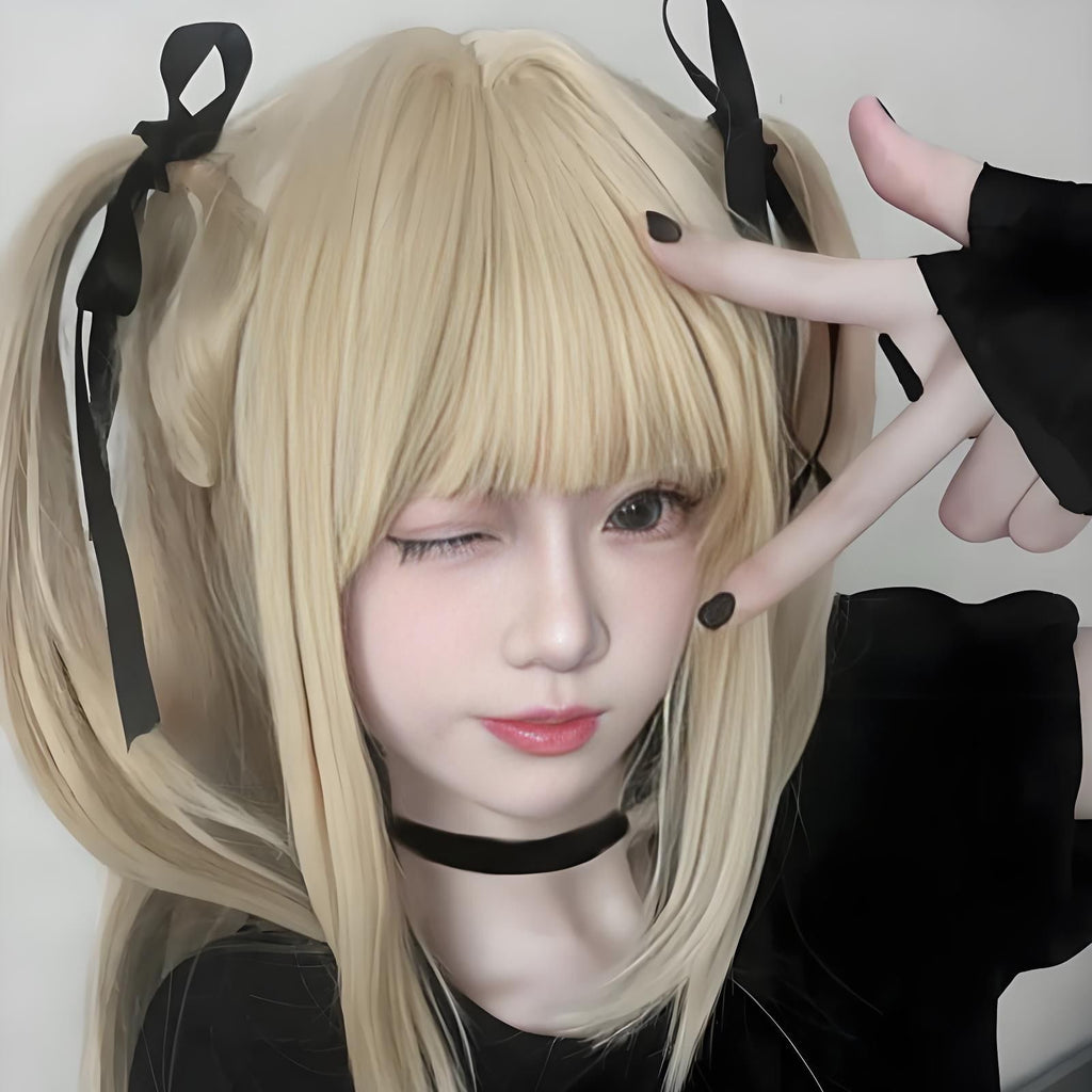 Anime Inspired Long Blonde Twin Tail Cosplay Wig Straight Yellow Hair with Bangs Cute Kawaii Style Heat Resistant Synthetic Wig with Cap
