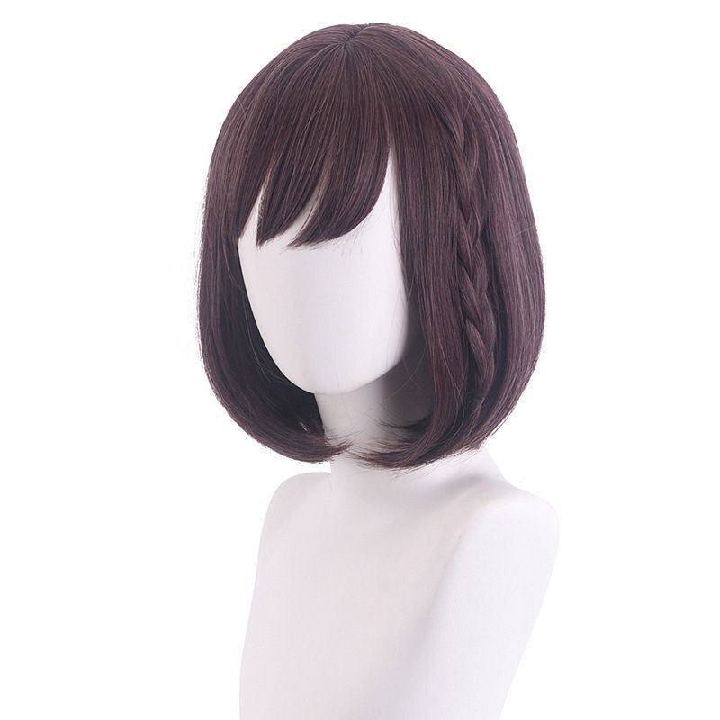 Anime Inspired Dark Brown Long Straight Cosplay Wig Natural Layered Style with Bangs Heat Resistant Synthetic Hair for Costume Party