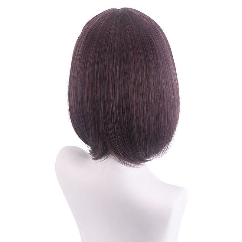 Anime Inspired Dark Brown Long Straight Cosplay Wig Natural Layered Style with Bangs Heat Resistant Synthetic Hair for Costume Party