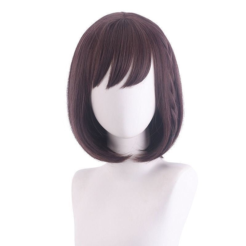 Anime Inspired Dark Brown Long Straight Cosplay Wig Natural Layered Style with Bangs Heat Resistant Synthetic Hair for Costume Party