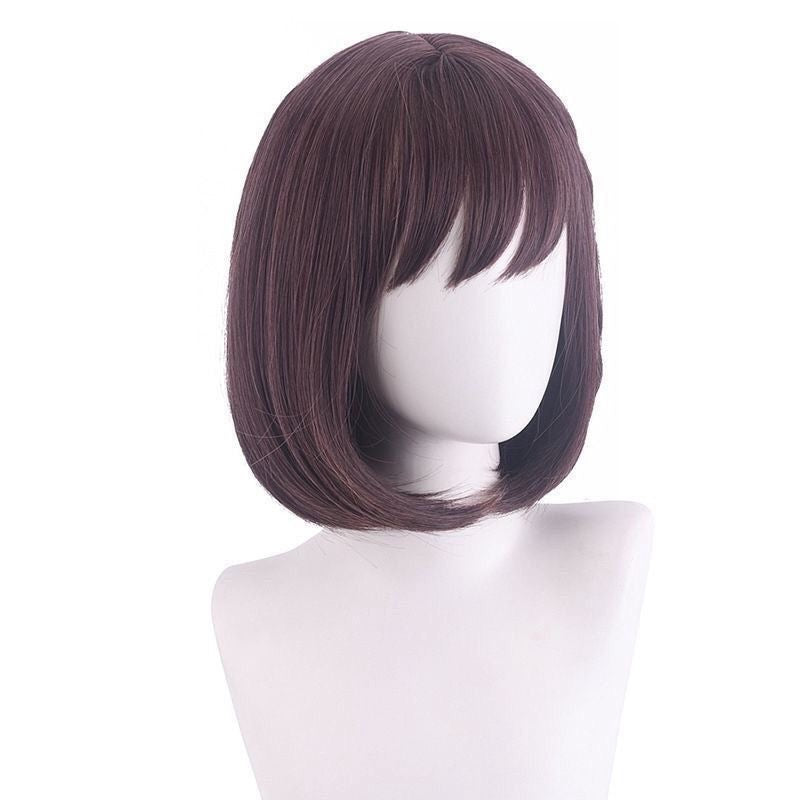Anime Inspired Dark Brown Long Straight Cosplay Wig Natural Layered Style with Bangs Heat Resistant Synthetic Hair for Costume Party