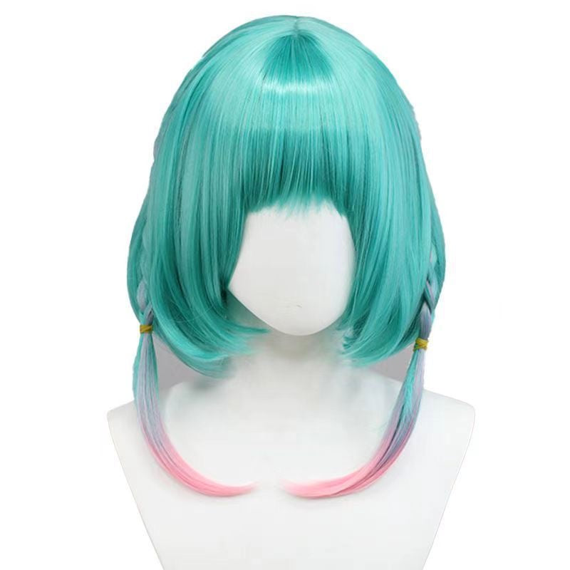 Anime Inspired Mint Green Short Bob Cosplay Wig with Bangs Side Twin Strands Pink Gradient Cute Kawaii Style Heat Resistant Synthetic Hair