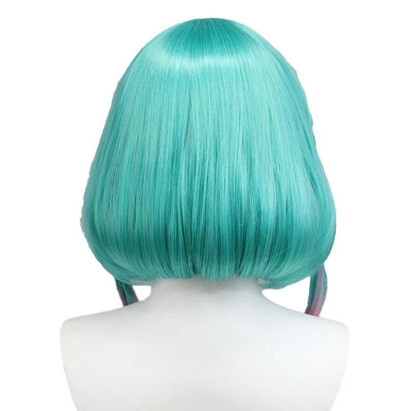 Anime Inspired Mint Green Short Bob Cosplay Wig with Bangs Side Twin Strands Pink Gradient Cute Kawaii Style Heat Resistant Synthetic Hair