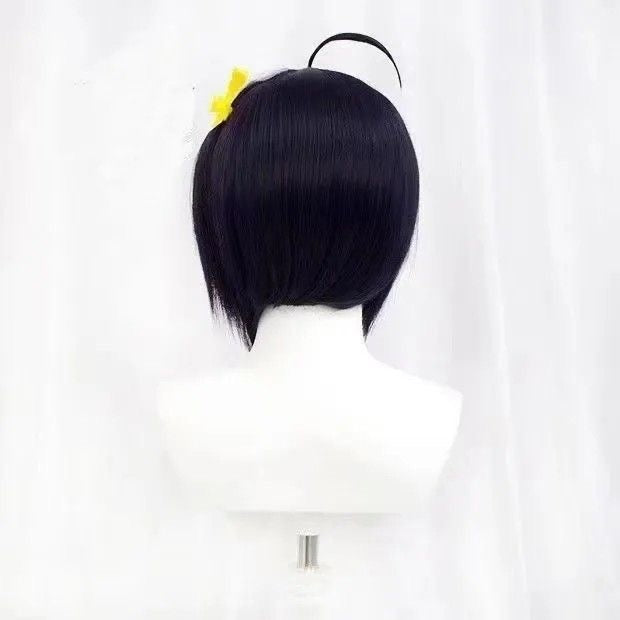 Anime Inspired Dark Blue Medium Length Cosplay Wig Straight Layered Style with Bangs Heat Resistant Synthetic Hair for Women Girls