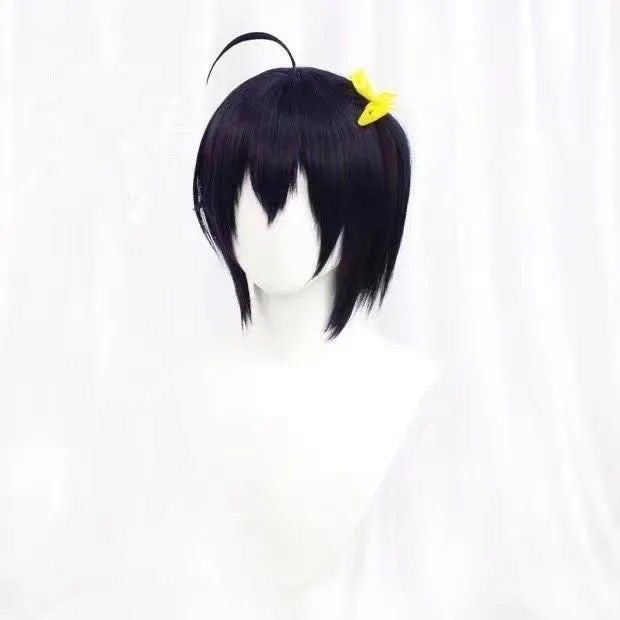 Anime Inspired Dark Blue Medium Length Cosplay Wig Straight Layered Style with Bangs Heat Resistant Synthetic Hair for Women Girls