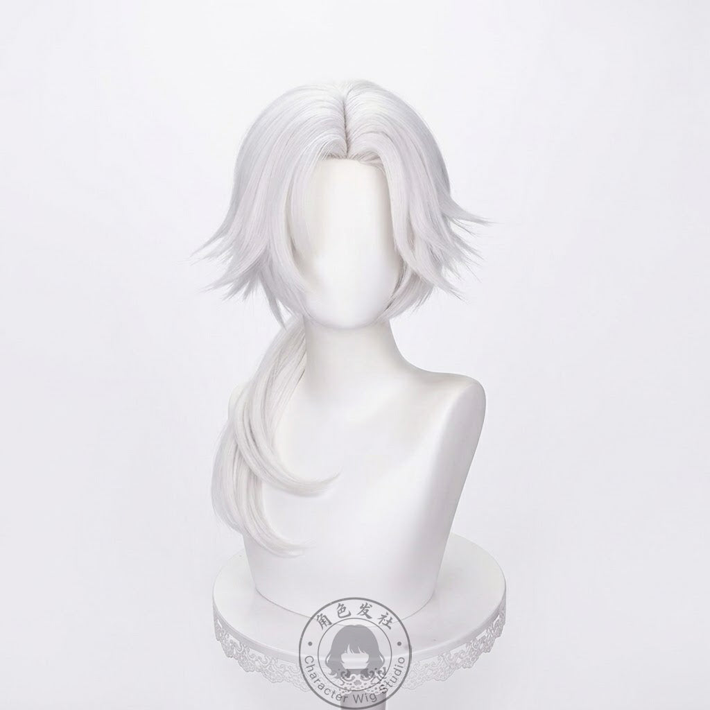 Anime Inspired Short Silver White Cosplay Wig Textured Wavy Style with Bangs Heat Resistant Synthetic Hair for Costume Party