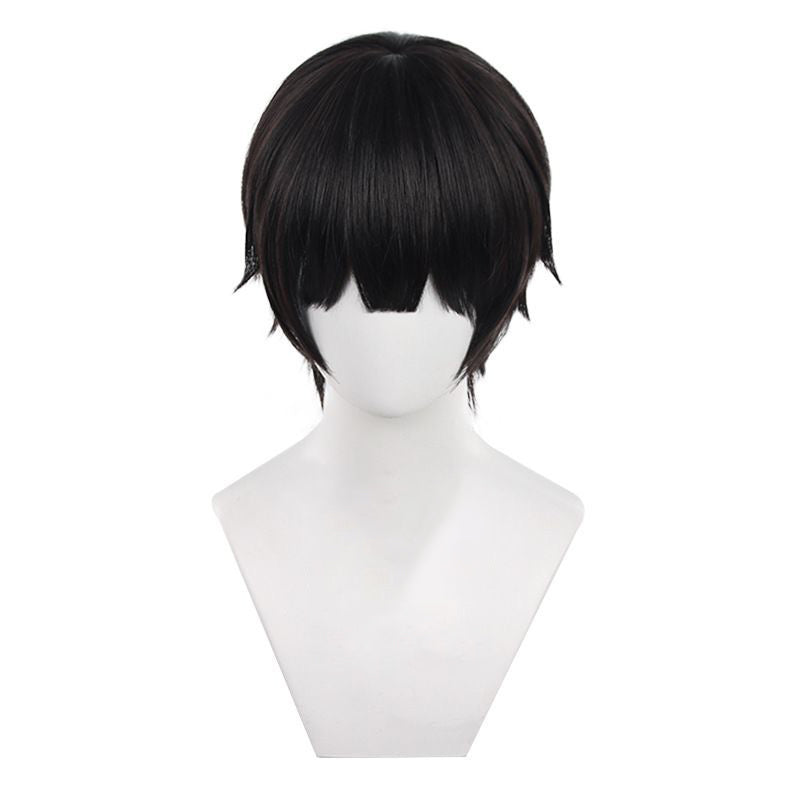 Anime Inspired Dark Brown Short Cosplay Wig Neat Straight Cut with Bangs Natural Style Heat Resistant Synthetic Hair for Costume Party