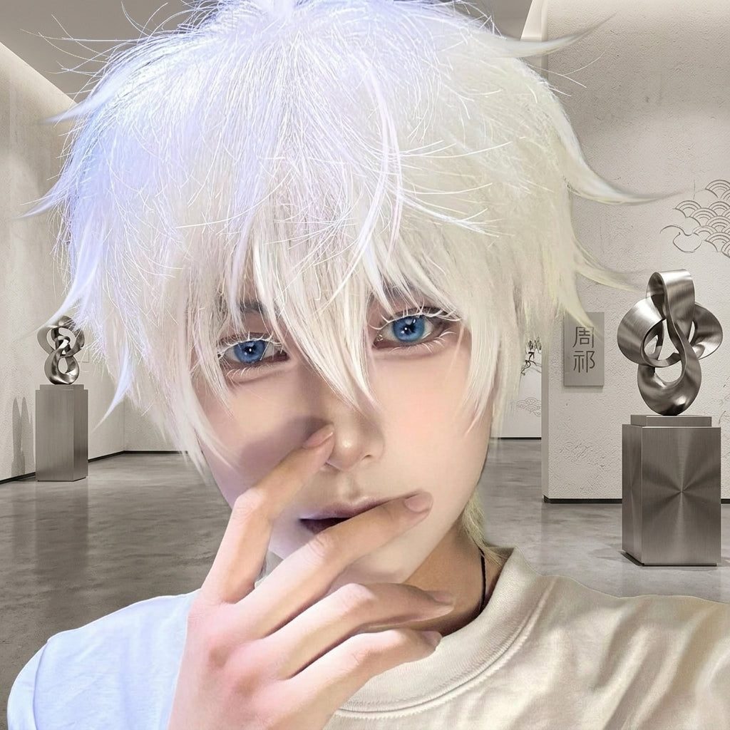 Anime Inspired White Short Spiky Cosplay Wig Natural Layered Style Heat Resistant Synthetic Hair for Costume Party