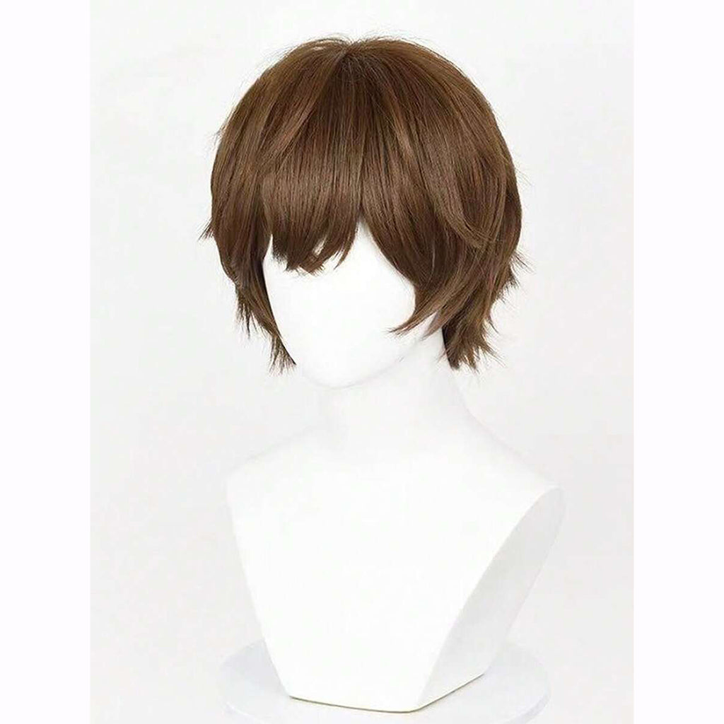 Anime Inspired Short Brown Cosplay Wig Layered Natural Style with Bangs Soft Textured Heat Resistant Synthetic Hair for Men Women