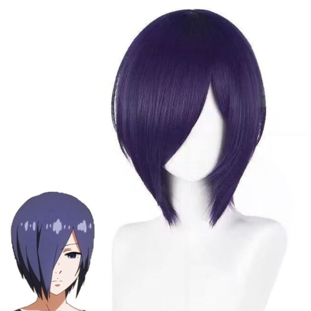 Touka Kirishima Cosplay Wig – Black & Purple Short Bob, Face-Framing Anime Wig, Heat-Resistant